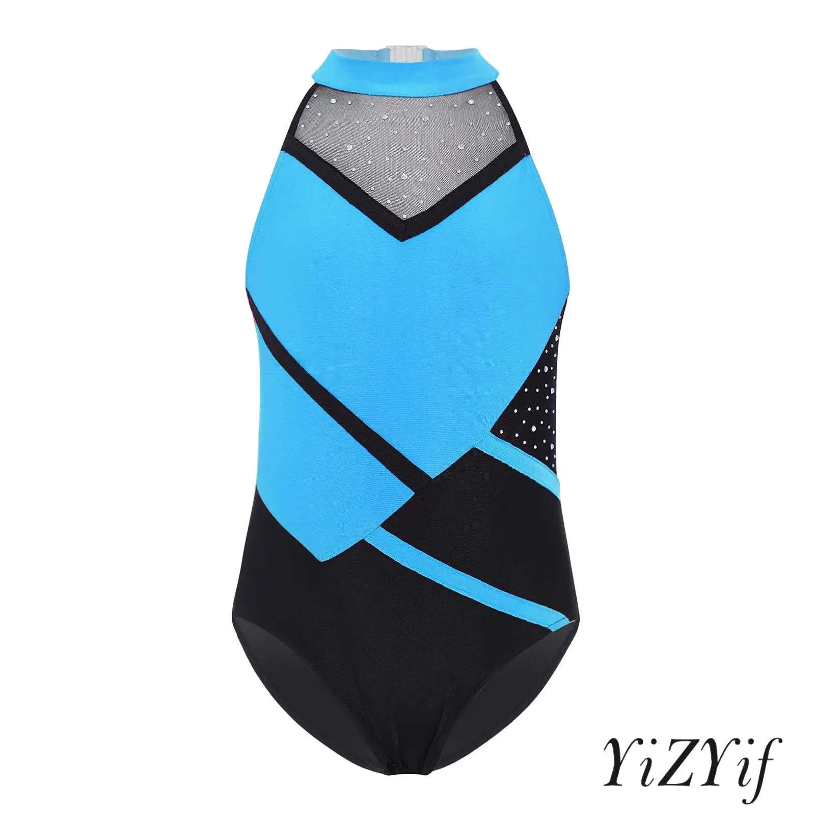 

Girls Ballet Figure Skating Gymnastics Performance Party Costume Strappy Back Color Block Glittery Rhinestones Leotard Dancewear