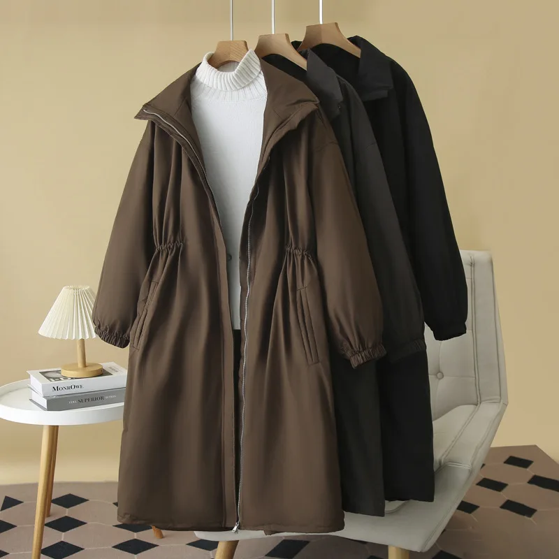 Plus Size Women Winter Down Coat Loose Thicken 50% White Goose Down Jacket Casual X-long Washed Cotton Trench Coat 2785