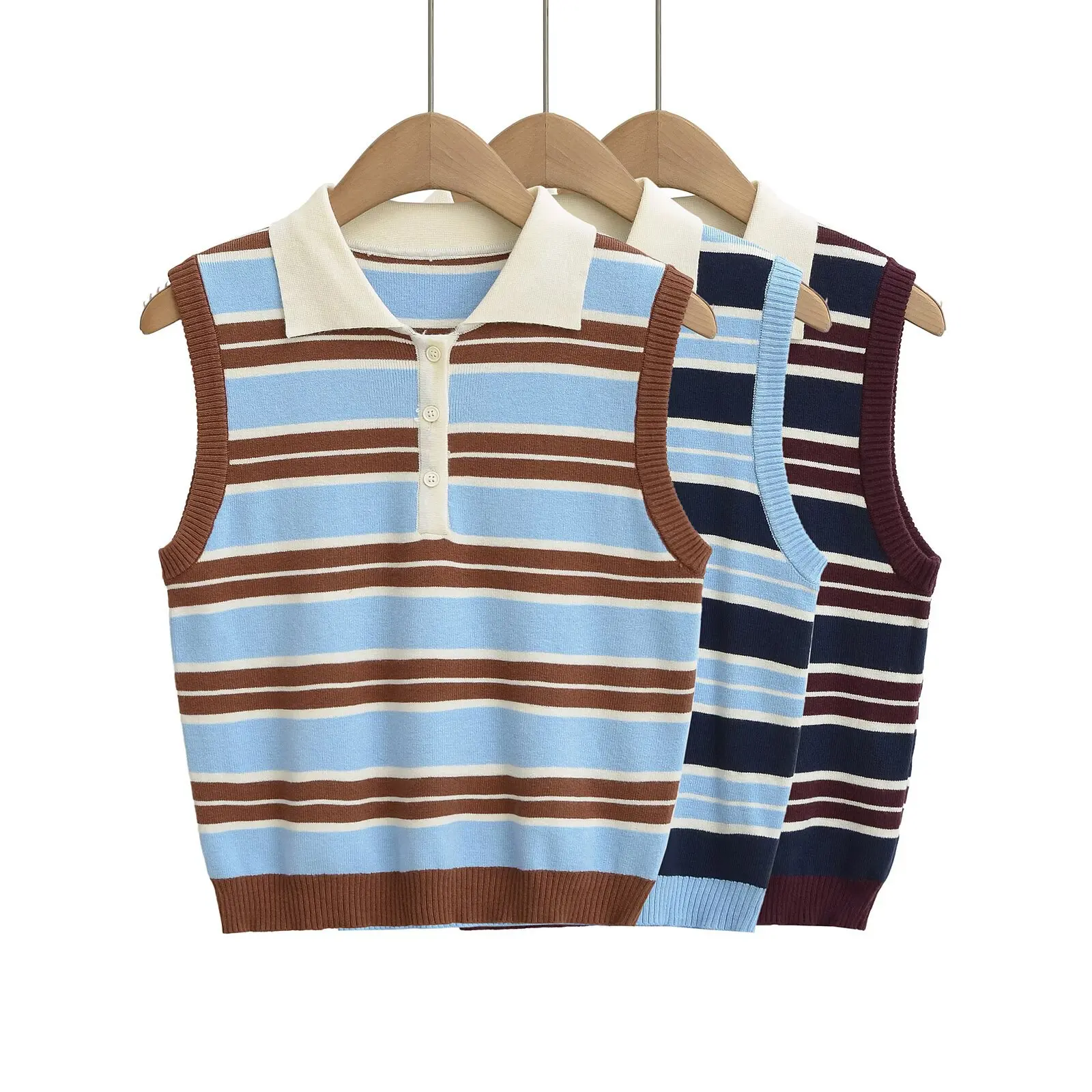 

Летний модный женский свитер без рукавов с воротником-поло, жилет в европейском и американском стиле, цветная полосатая оптовая продажа