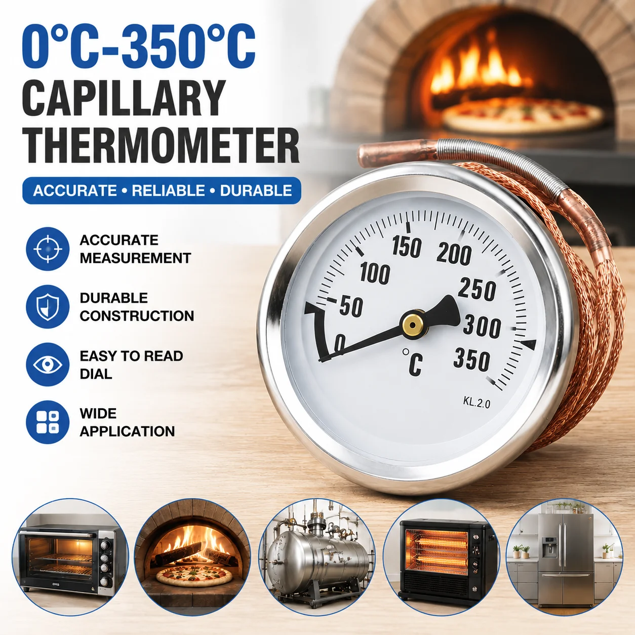 Capillary Thermometer 0-350°C 1m Cable 7cm Dial 0.5x2cm Probe Metal for Pizza Oven BBQ Grill Baking Cooking