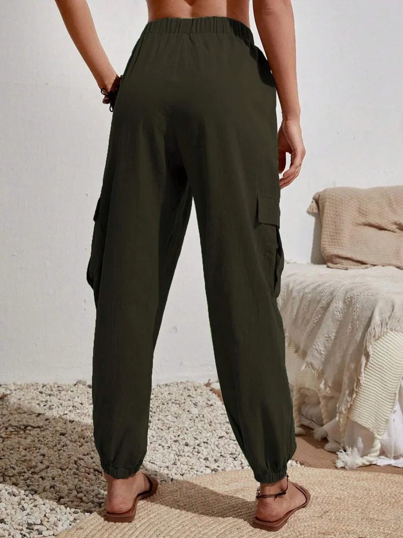 2025 Spring Summer New Women's Solid Cargo Pants Casual Wide Leg Pants with Pockets Versatile