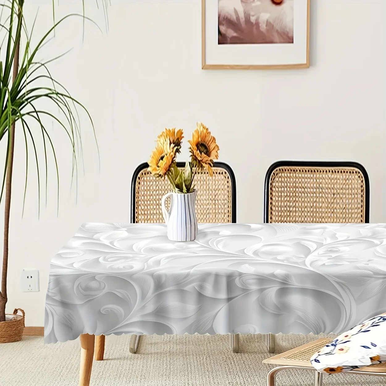 Exquisite abstract white floral pattern polyester tablecloth - 1 piece, digitally printed design is exquisitezyc