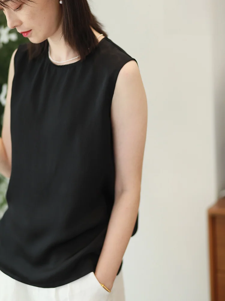 

Silk Bubble Svel round Ne Vest Women Loose Fit Summer New Sle Simple Elegance Cotton Clothing Straight Tube pe