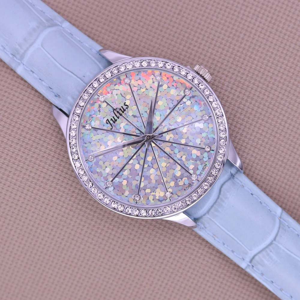 Shiny Glitter Bling Julius Lady Women's Watch Fashion Hours Bracelet Real Leather Girl's Birthday Gift No Box