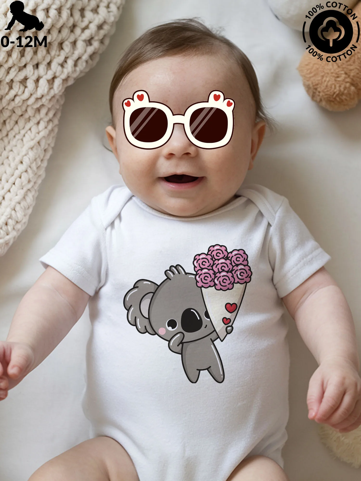 Kombinezon niemowlęcy unisex z motywem koali i bukietu kwiatów, miękki pajacyk z czystej bawełny, całoroczny strój, białe body 190GSM
