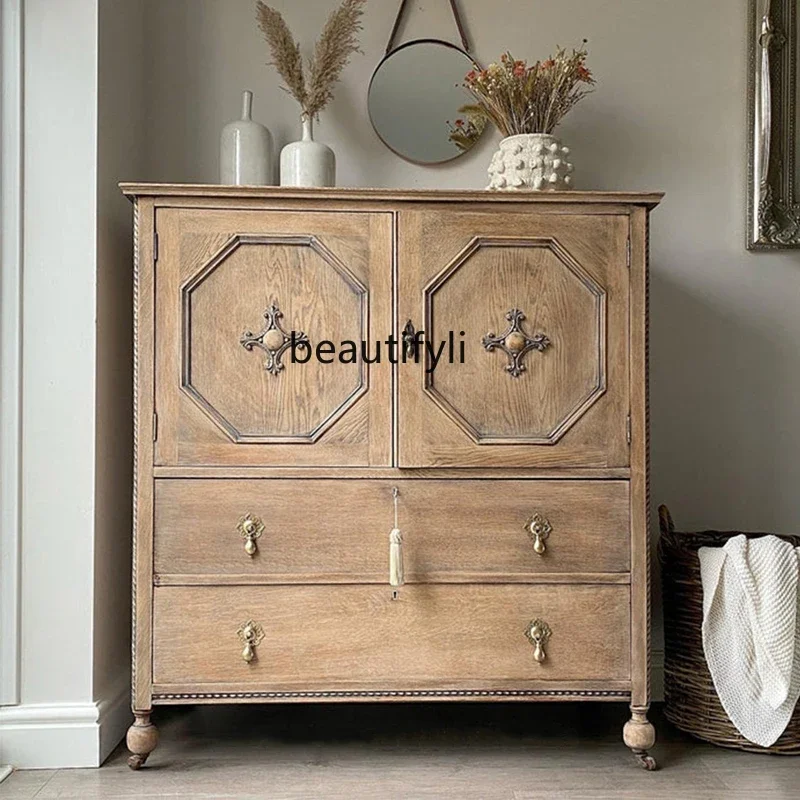

French retro solid wood chest cabinet American antique drawer porch locker, bedroom storage cabinet R