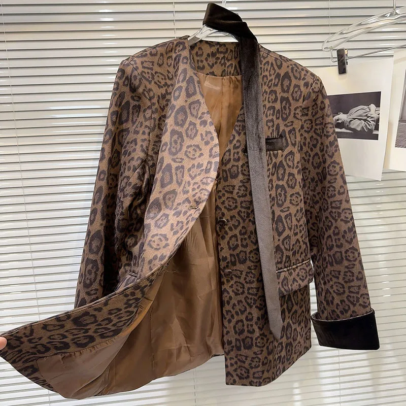 DEAT Moda Damska Aksamitna Wstążka Leopard Print Zamszowa Kurtka Garniturowa V-neck Luźny Płaszcz Damski 2024 Jesień Nowy 11A01207