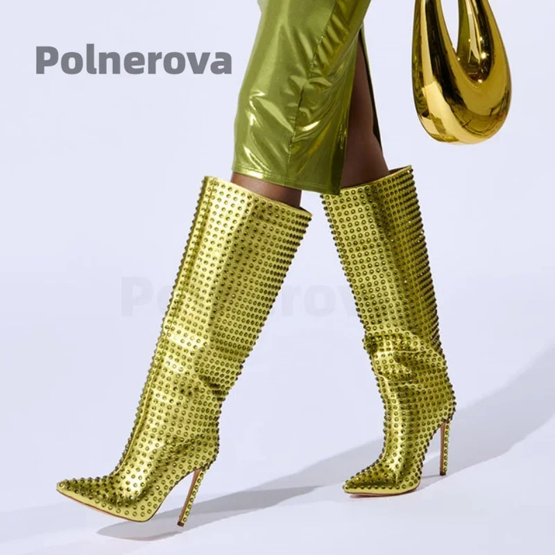 

Rivets Knee High Leather Boots for Women Pointed Toe Stilettos High Heel Shoes Punk Gold Slip On Long Boots Runway Shoes