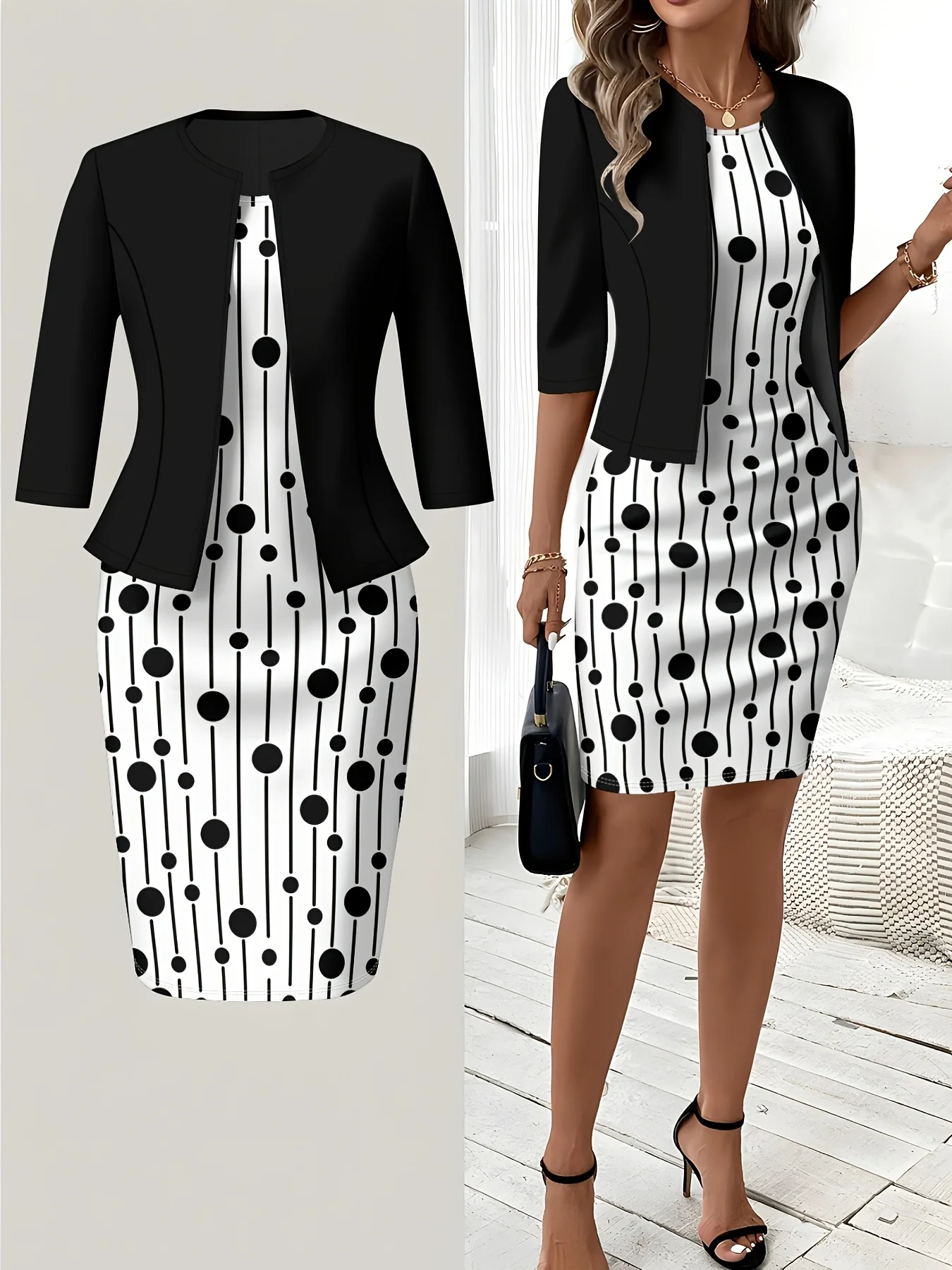 

Printed Design Autumn and winter casual style black and white polka dot striped dress set