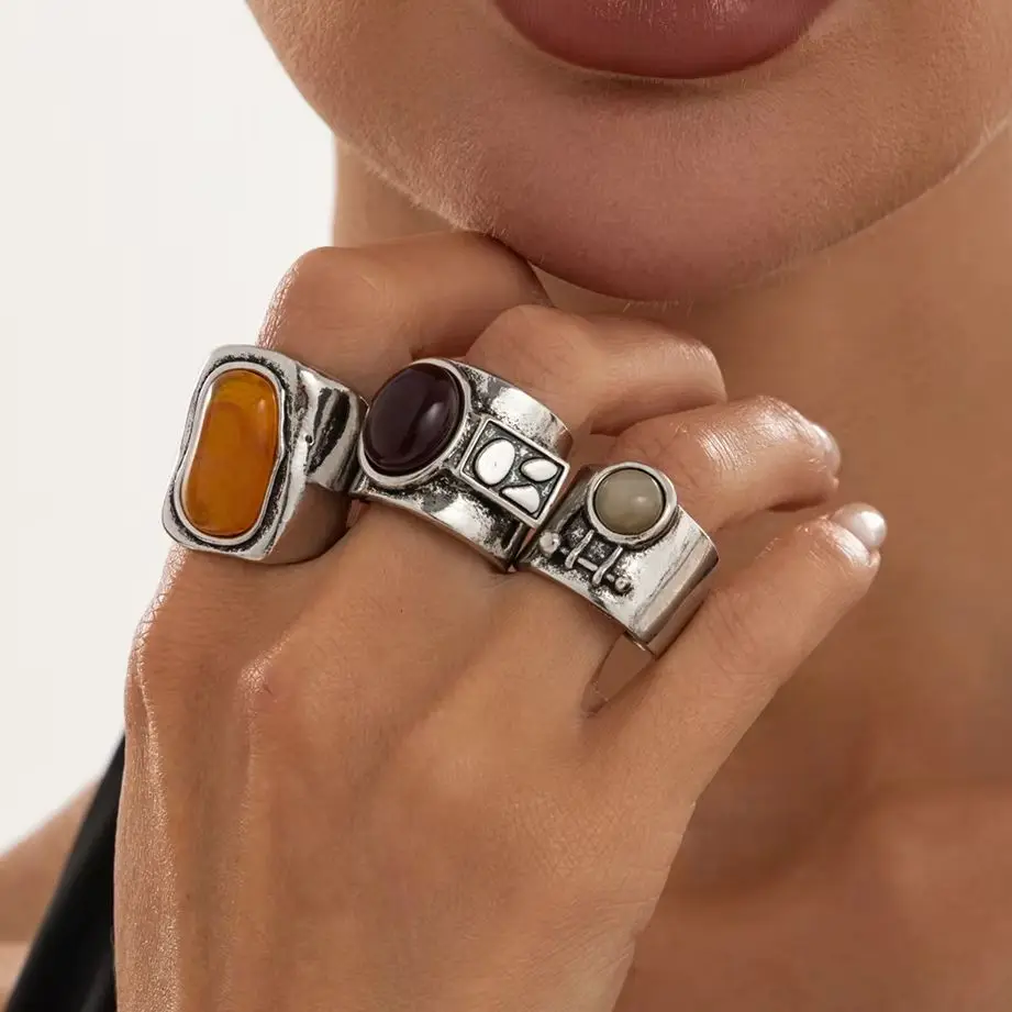 Salircon 3Pcs/Set Punk Hip Hop Irregular Inlaid Resin Metal Rings Women Men Creative Geometric Adjustable Ring Party Jewelry
