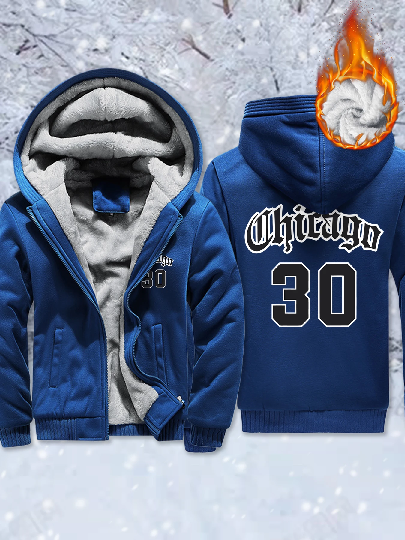 

Chicago Letter Number 30 Pattern Fashion Top Male Fleece Basics Jacket Winter Zip-Up Veste Thicken Warm Hoody Soft Streetwear