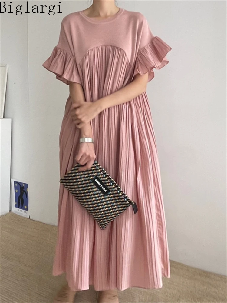 Korea Fashion New Women Summer Pleated Ruffes Dress Ladies Womens Loose Long Dresses Casual Office Pullover Woman Black Dress