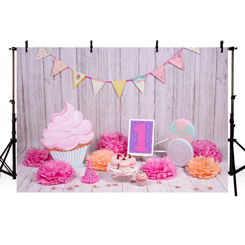 Mehofond Photography Props Backdrops Wooden Board Cupcake Lollipop Girl 1st Birthday Cake Smash Decor Photo Background Studio