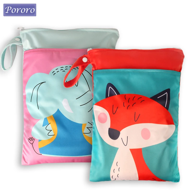 Pororo Cloth Diaper Bag Waterproof Nappy Beach Bag Panda Print Reusable Baby Diaper Pouch Wet Dry Bag with Two Zippered 25x35CM