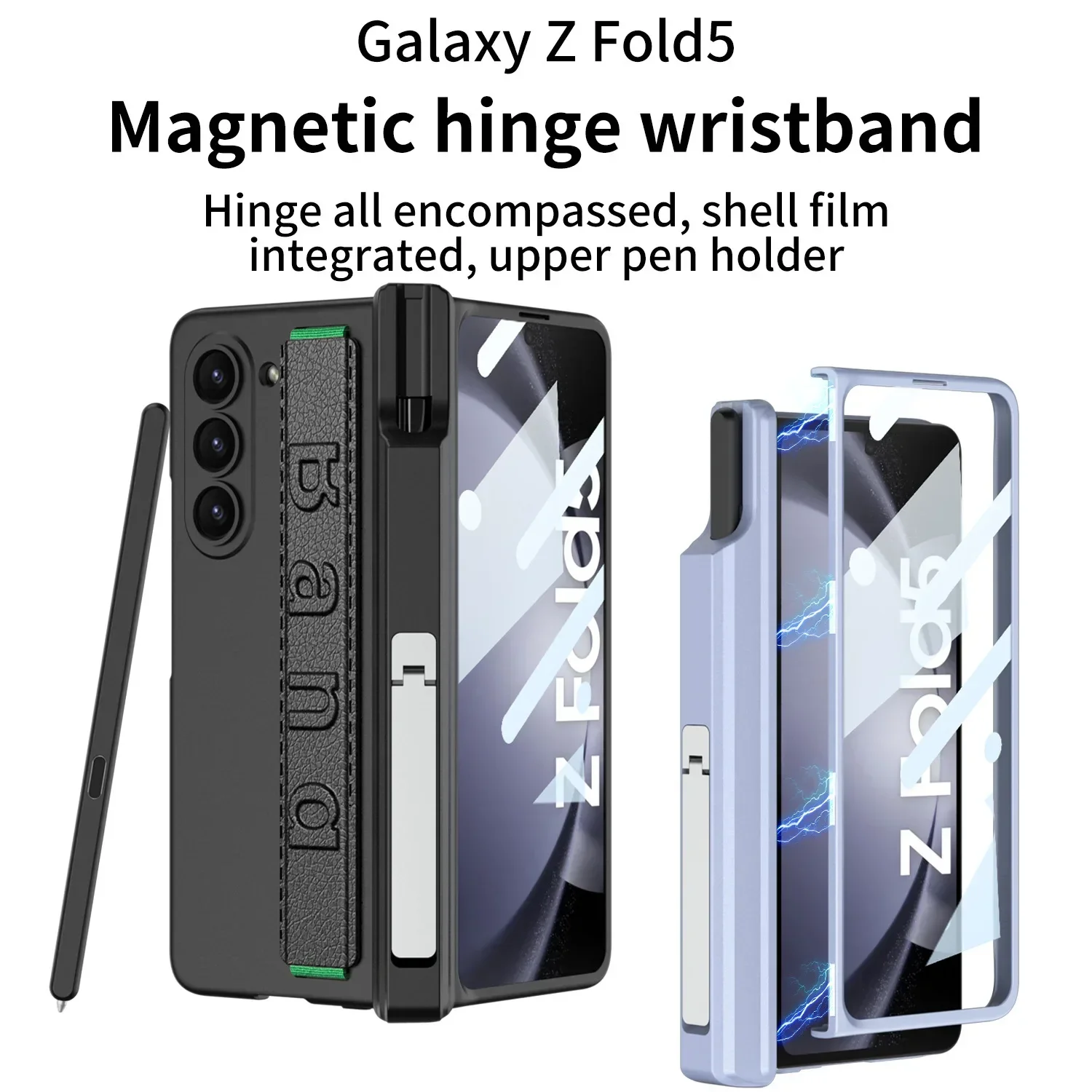 Case for Samsung Z Fold5 Phone Case with Pen Slot Elastic Wrist Strap Magnetic Hinge Bracket Shell Membrane Integrated Cover