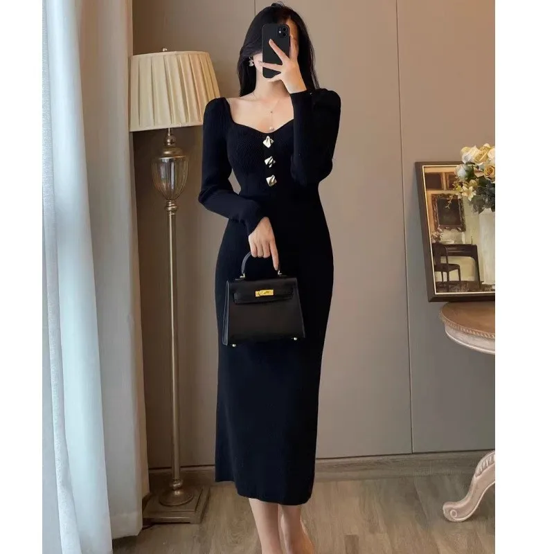 2024 New Waist Long Skirt Slimming Korean Version of the New Knitted Dress over the Knee with a Bottom Sweater Autumn and Winter