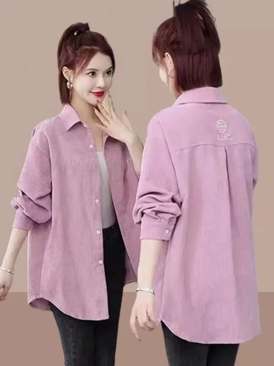 

Spring Autumn 2025 Women's Long Sve Corduroy irt Embroidered Casual Sle Loose Fit Button up Coat Sle Top for Teens