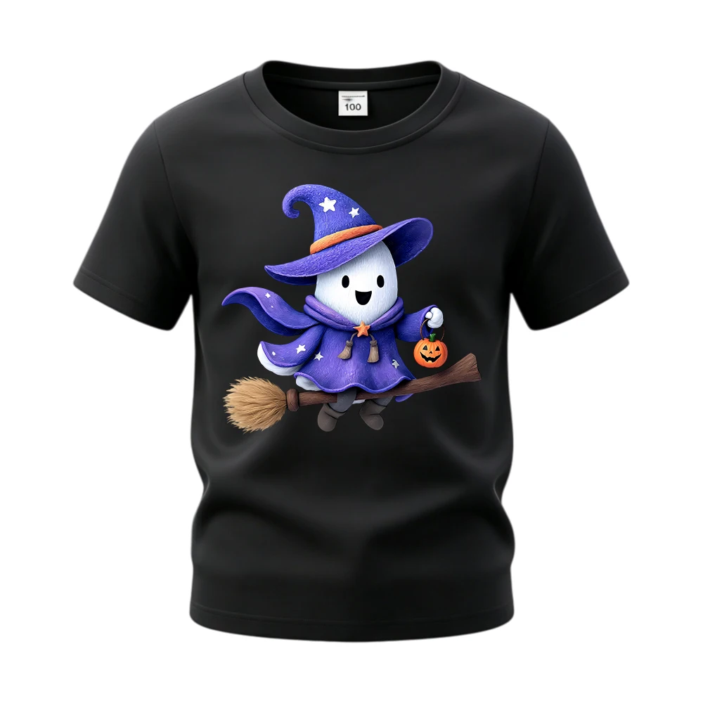 Ghost Wizard on Broomstick Kids Short Sleeve Cotton Tops Tees Casual Daily T‑Shirt Halloween Shirts for Boys Girls Children
