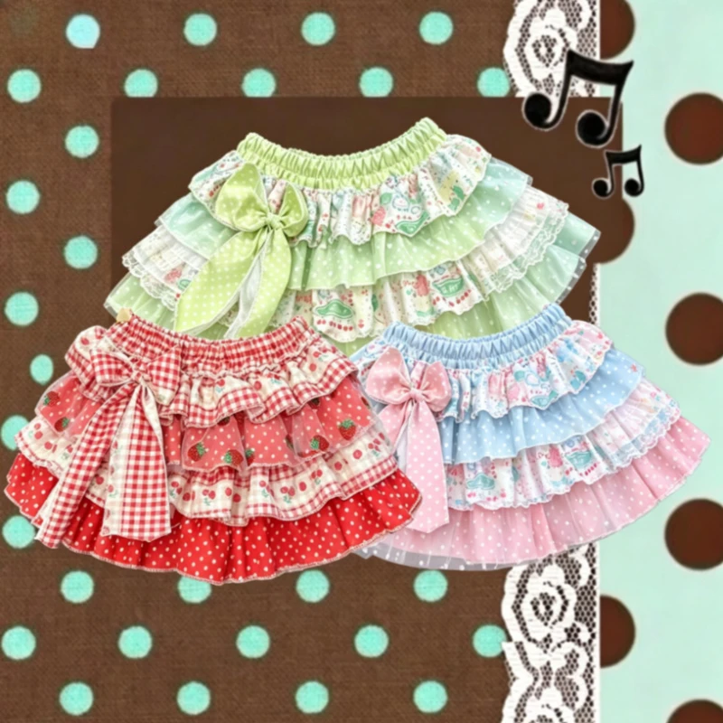 Kawaii Polka‑Dot Puffy Cake Skirt Japanese Y2K Cute Bow Design,Sweet Lolita Colorful Splicing Mini Short Skirt for Women