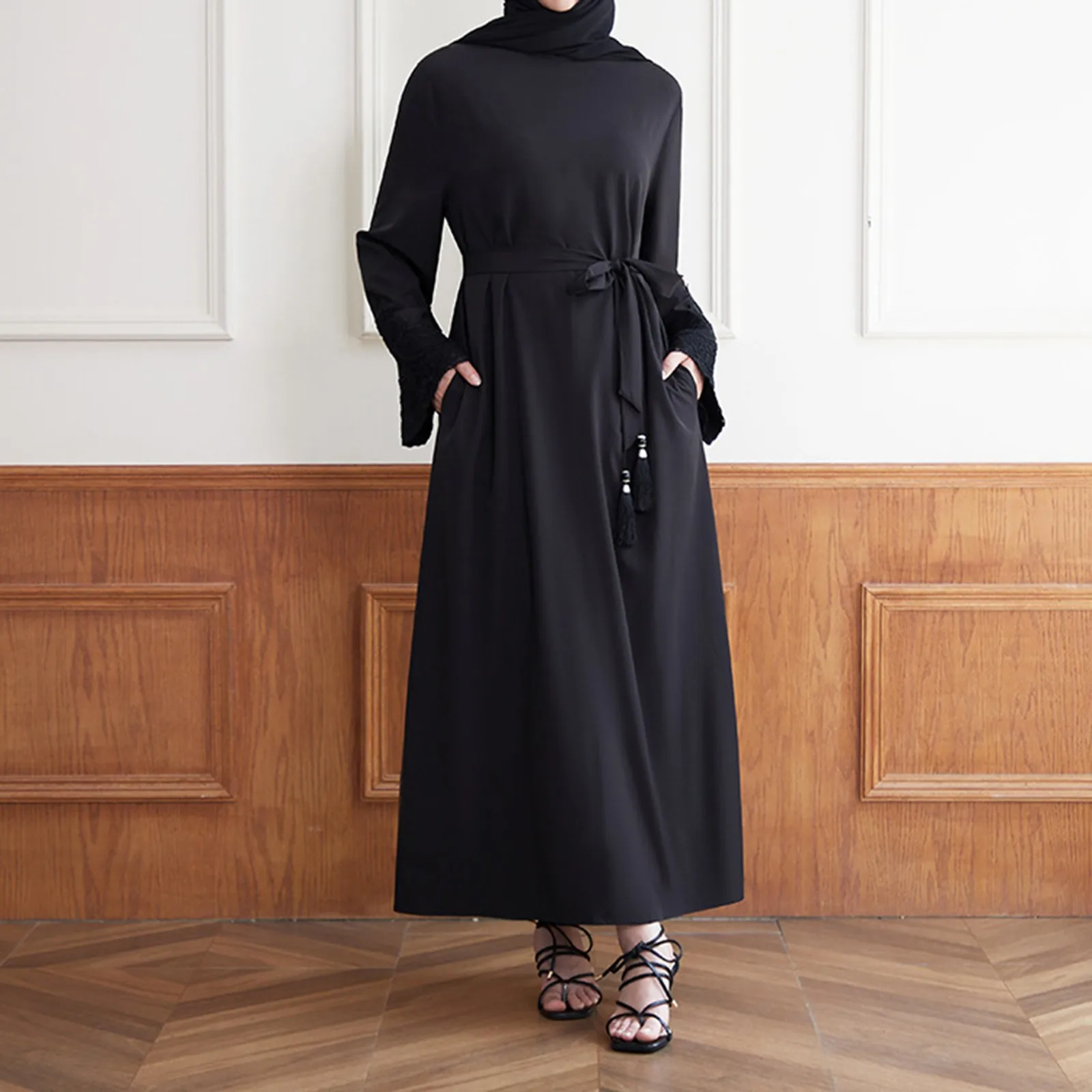 

Элегантное мусульманское платье, женские платья с завязками на талии и кисточками, манжеты с вышивкой и блестками, халат с длинными рукавами, мусульманская повседневная одежда для женщин