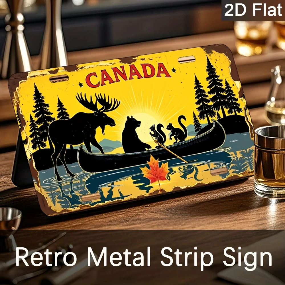 Vintage Canadian Wilderness 2D Flat Metal Sign - Moose Canoe Pine Trees Retro Aluminum Plaque 6x12 Inch for Cabin Bar Garage Liv