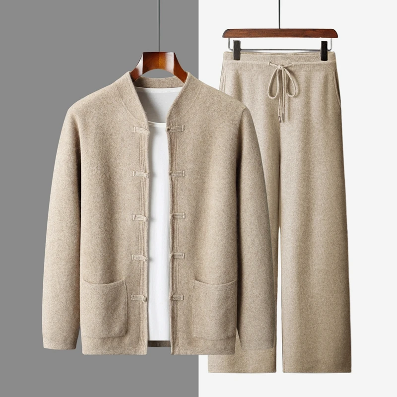 New men's 100% pure cashmere Chinese style cardigan set cashmere knitted casual wide leg pants autumn and winter 2-piece set