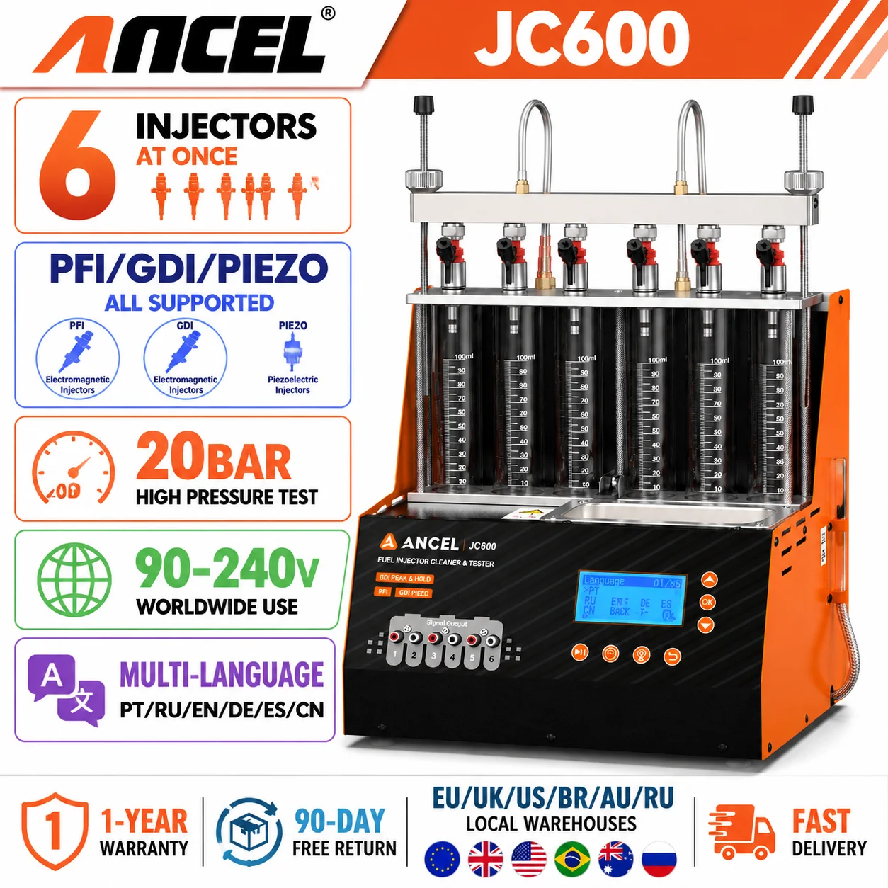 Nettoyeur de injecteurs ALCAN JC600, testeur de nettoyage de carburant, nettoyeur à ultrasons pour injecteurs GDI piézoélectriques 6 cylindres
