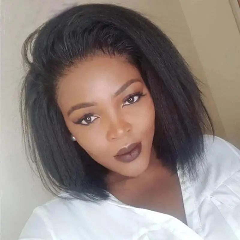 شعر مستعار ناعم أسود 180 كثافة ياكي غريب مستقيم طويل 26 بوصة باروكة أمامية من الدانتيل للنساء شعر أطفال صناعي طبيعي #5