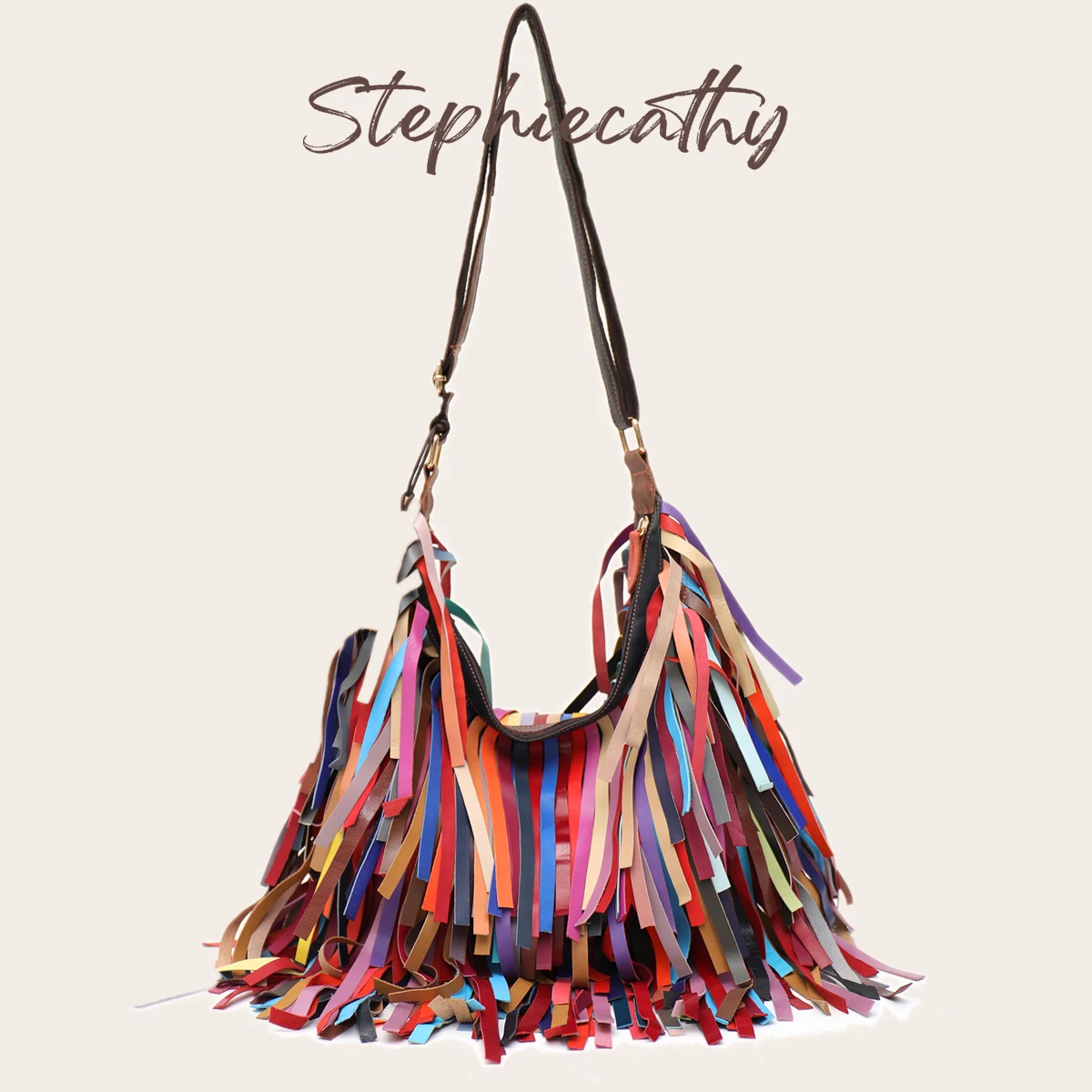 SC Women's Colorful Real Sheepskin Shoulder Bag Large Casual Slouchy Hobo Genuine Leather Tassel Fringe Cross body Purse Bohemia
