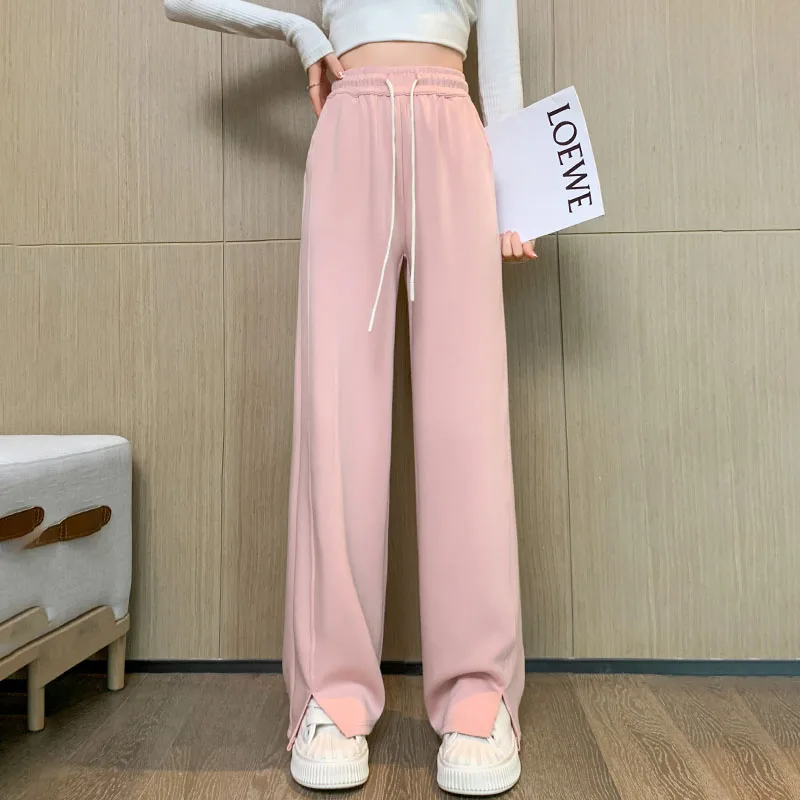 New Women\'S Fashion Versatile Side Split Wide Leg Pants Autumn Winter Female High Waist Draping Straight Slender Casual Trousers