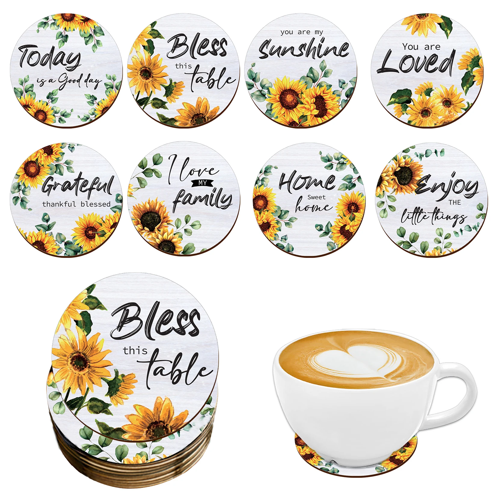 A set of 8-piece round coasters with sunflower theme patterns and wooden coasters is perfect for Thanksgiving and Christmas gift