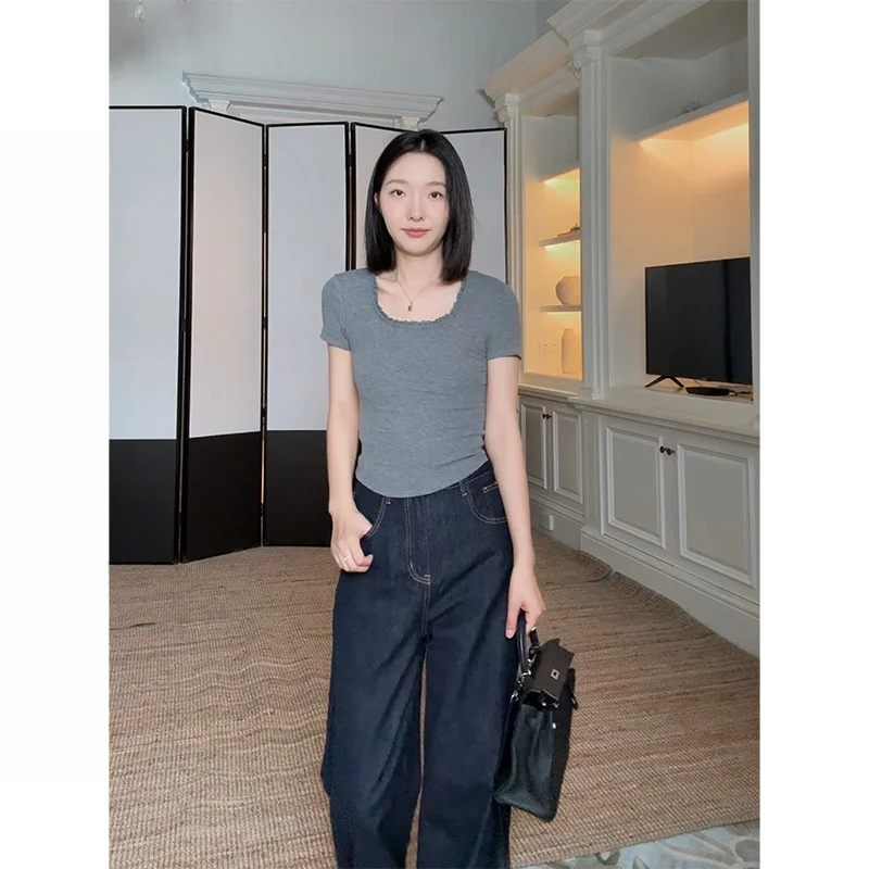 

Футболка из смесового хлопка с кружевными вставками Pure Desire, женский универсальный топ с U-образным вырезом на плечах, с высокой талией, для повседневной носки, летняя мода