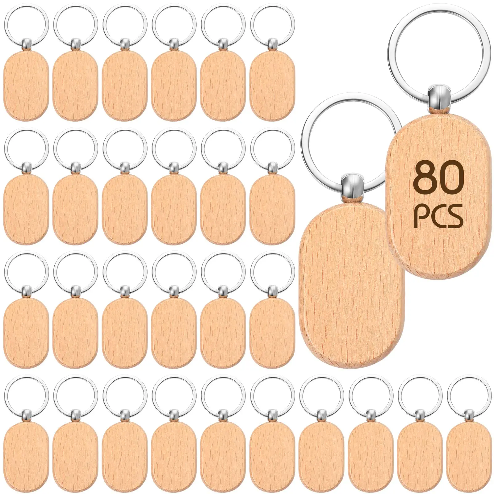 80 Pieces Blank Wooden Tag Key Diy Wood Keychains Key Wood Engraving Blanks