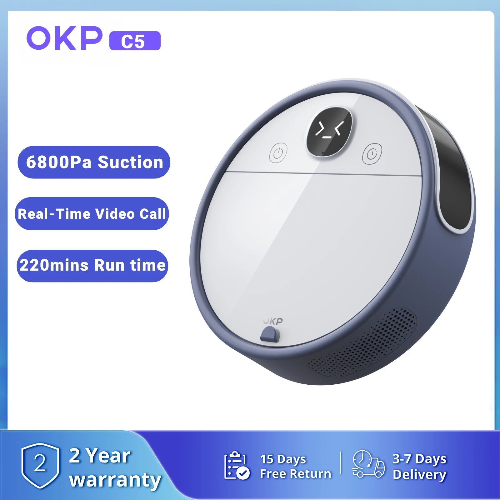 OKP C5 Robot Vacuum Cleaner with Real-Time Video Call, 6800Pa Powerful Suction, Wi-Fi/App/Alexa Control, Automatic Self-Charging