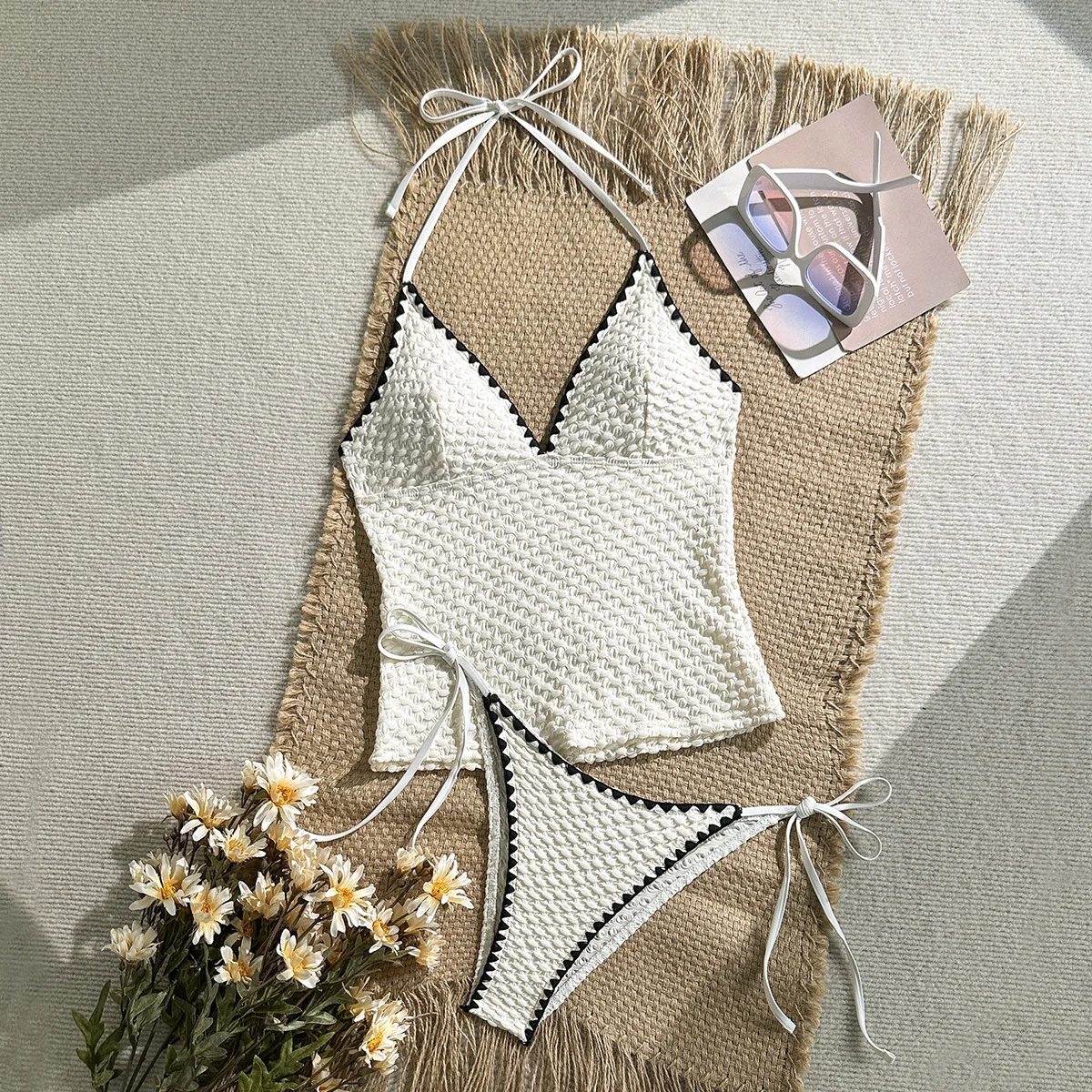 

Fahion Crochet Fringed 2 Piece Swimsuit Push Up Bikinis Women Side String Bikini Swimwear patchwork Bathing Suit Biquini Femme