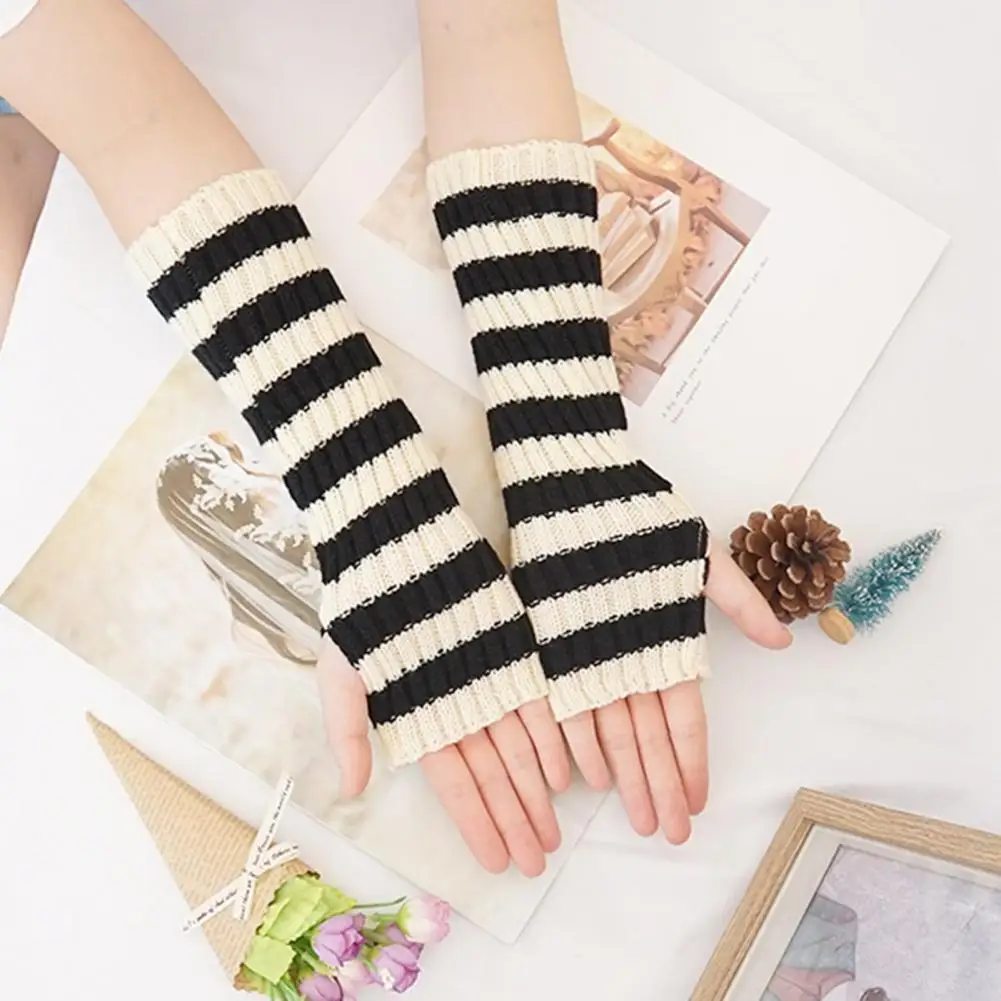 Long Glove Arm Cover Classic Pink Black White Striped Fingerless Elbow Gloves Warmer Knitted Wristband Elasticity Non-slip New