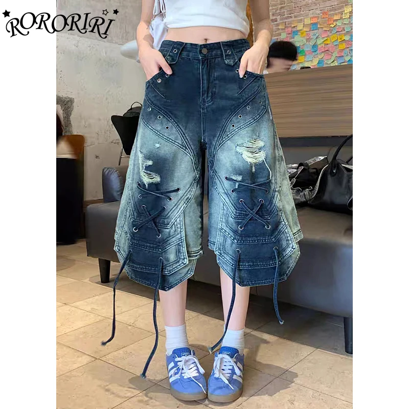 

RORORIRI Ripped Hole Bandage Baggy Jeans Jorts Women Blue Wash Do Old Spliced Wide Low Rise Denim Shorts Punk Vintage Streetwear