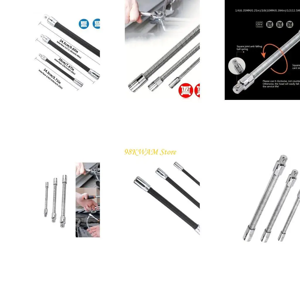 

Pack of 3 Socket Flexible Shafts Adapters Set with Metal Ends 1/4 3/8 1/2 Inch Drive Tool for Recessed Fastener Repair Access