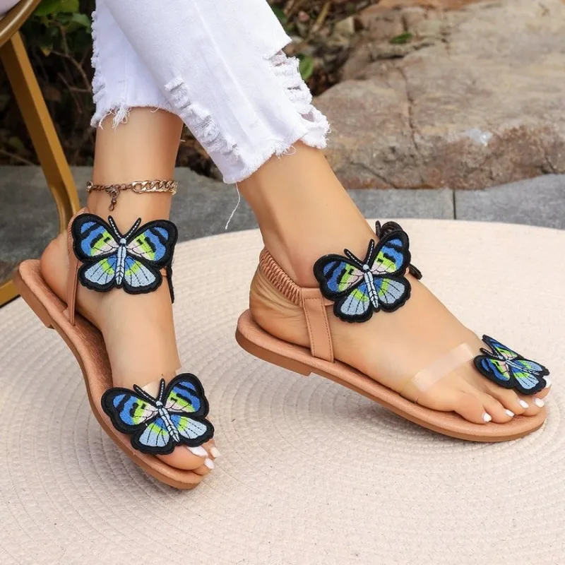 2024 Summer New Bohemian Flat Slippers Wearing Ethnic Style Butterfly Toe Beach Sandals for Women Size 43