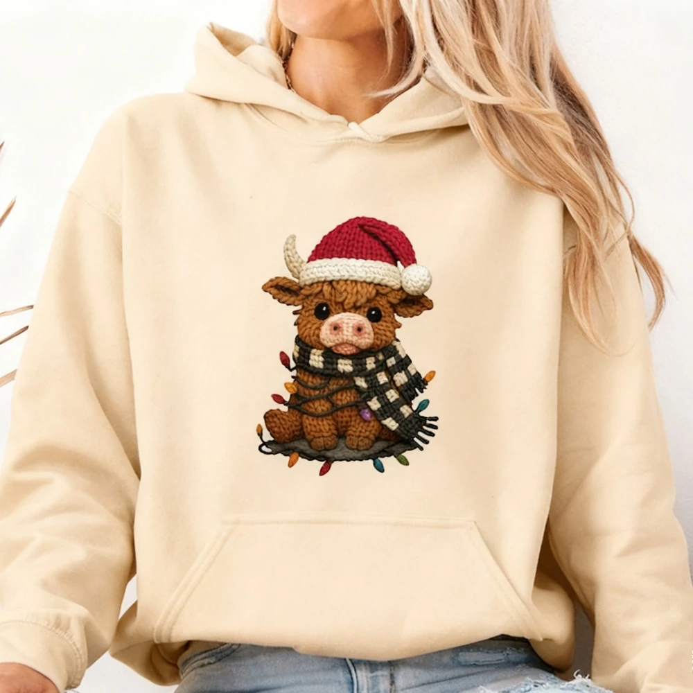 

Crochet Highland Cow Printed Hoodie Christmas Cow Hoodies Winter Highland Cow Tops Women Fall Winter Casual Sweatshirt Xmas Tops