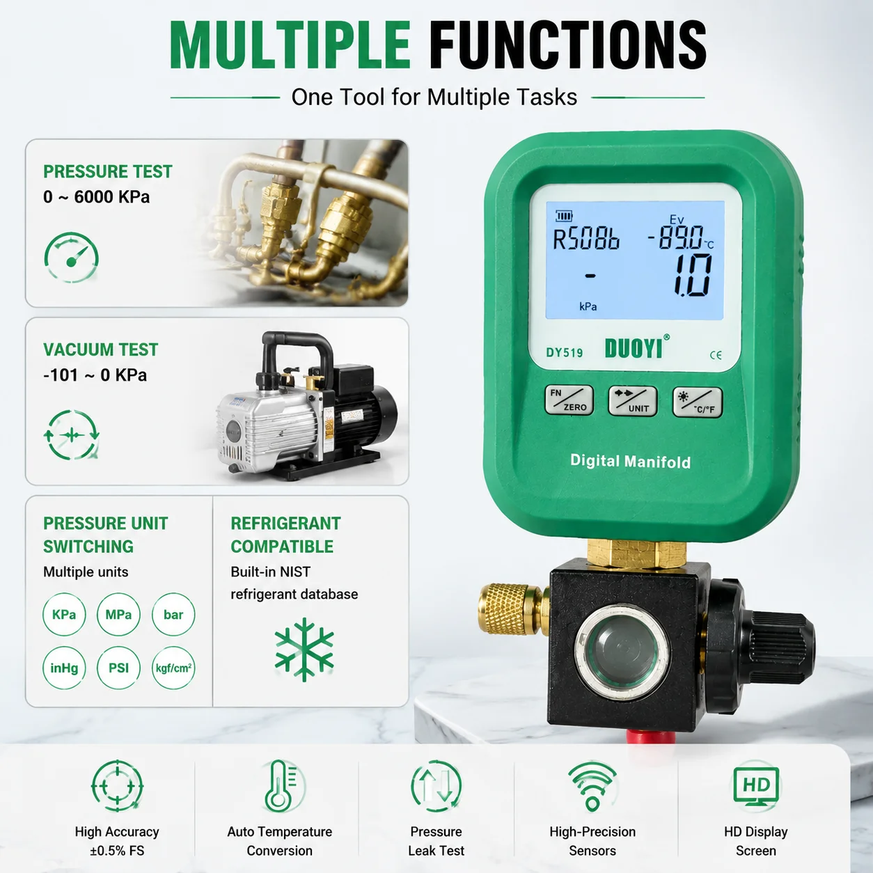 DUOYI DY519 Digital HVAC Electronic Manifold – Refrigeration Pressure & Temperature Gauge, Car AC Diagnostic Tool