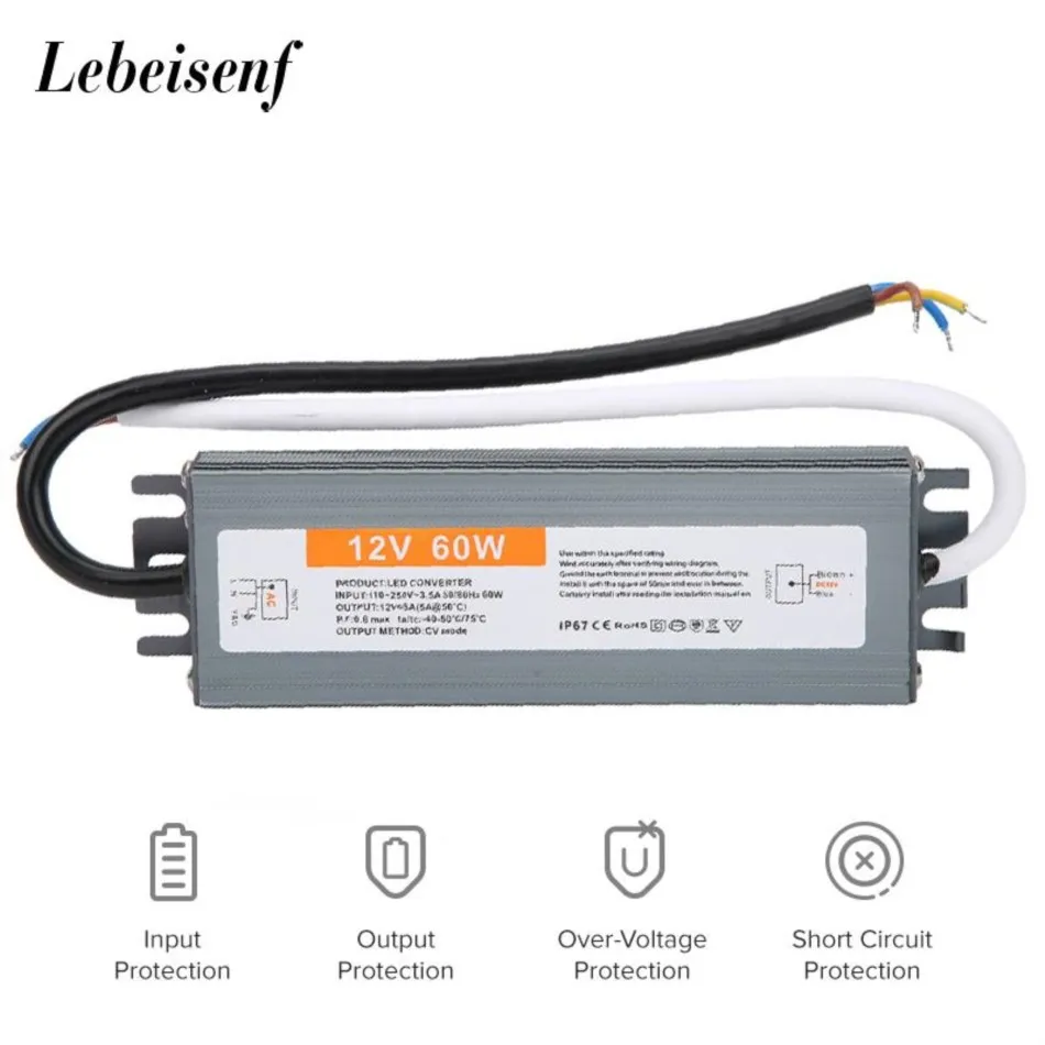 12V 60W 5A Switch Power Supply Waterproof IP67 Aluminum Shell Outdoor 110-250V AC to DC LED Driven Transformer Voltage Converter