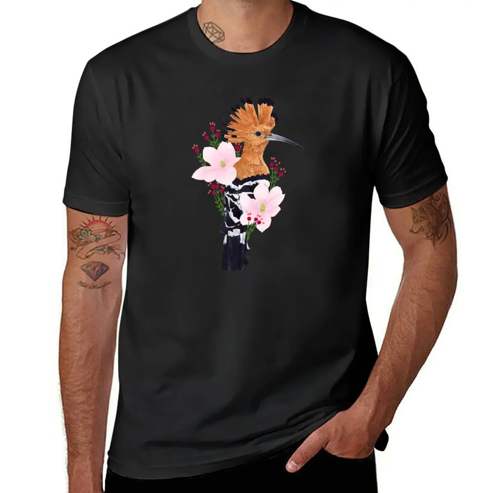 HOOPOE & FLOWERS (green) T-Shirt anime t shirts Short sleeve tee T-shirt men