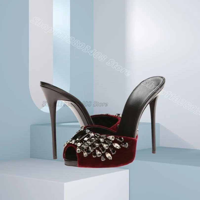 

Crimson Crystal Decor Flock Slippers Peep Toe Stiletto Summer New Stylish for Women Casual Dress Shoes 2025 Zapatos Para Mujere