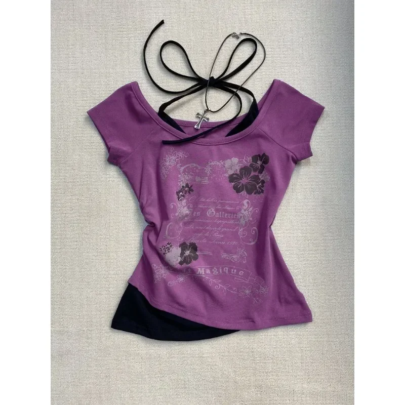 

Y2k T-shirt for Women American Vintage Print Halter Neck Fake Two Summer 2025 Sweet sexy style Short Sleeved T-shirts