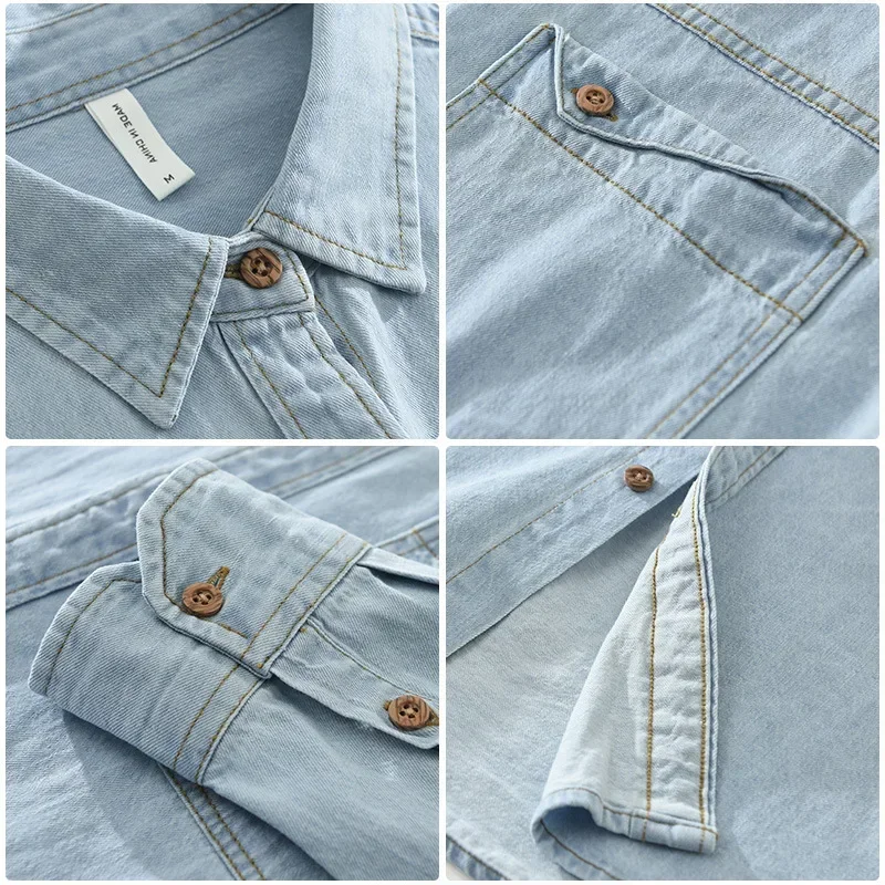 Japanese Vintage Long Sleeve Denim Shirt Men Spring Fall Streetwear Loose Shirts Male Pocket Pure Cotton Jean Shirt Youth Top