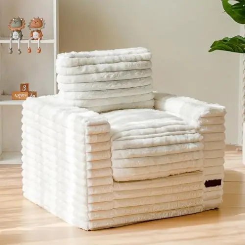 

MAXYOYO Kids Bean Bag Chair - Plush Faux Fur Floor Sofa with Pillows & Armrests, Beige