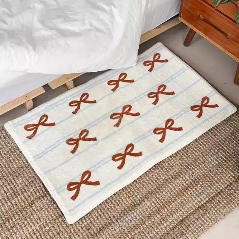 VIKAMA Cream Baby Blue Band Rust Bowtie Accent Rug Charming Sleeping Space Decor Special Favor Velvety Sturdy Snug Soft Durable