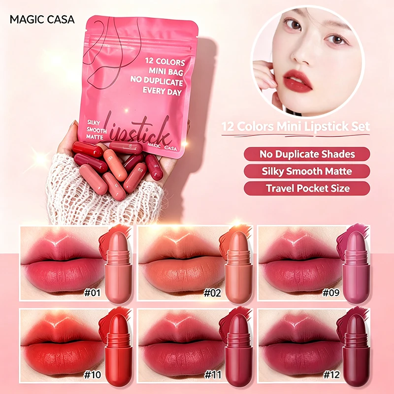 12 Colors Capsule Lipstick Set Matte Silky Mini Lipstick Long Lasting Non Staining Cup Portable Daily Travel Makeup Cosmetics
