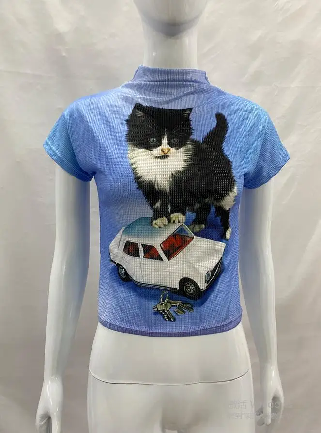 Y2K Vintage Mesh T-Shirt für Damen mit süßem Kätzchen- und Auto-Grafikdruck, Kurzarm-Oberteil, Ästhetisches Harajuku Streetwear T-Shirt – Detail 4
